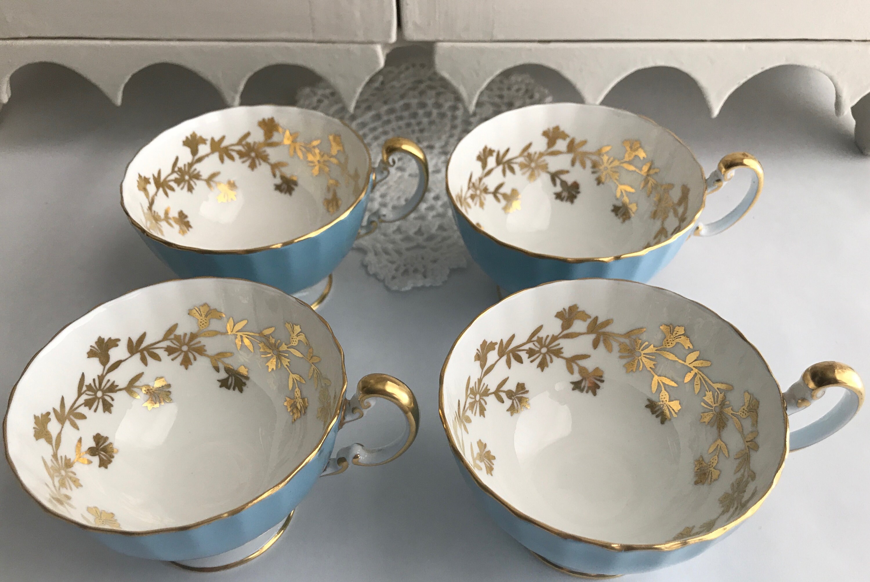 Vintage AYNSLEY 4 Tea Cups and Saucers French Blue with Fancy Etsy