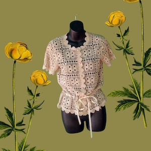 Vintage 1960s Cotton Crochet Blouse Tan Hand Knit Top size 36