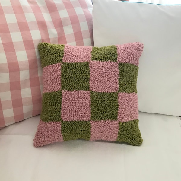 Punch Needle Pillow, Checkered Pillow, Pink Checkered Pillow, Tufted Pillow, Room Decoration