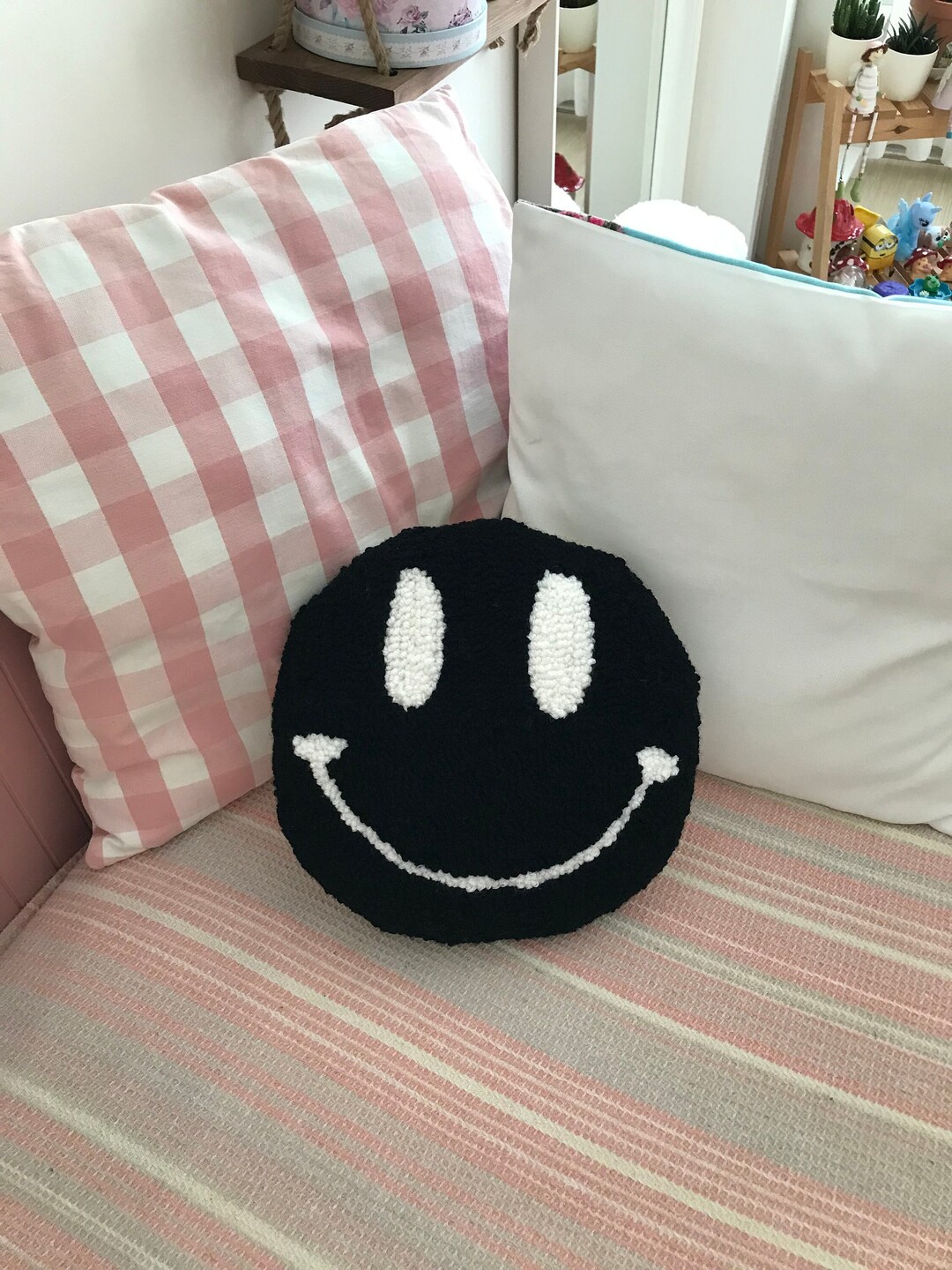 Smiley Face Pillow, Punch Needle Black Smiley Face Pillow, Tufted