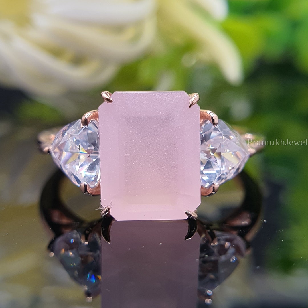 Emerald Cut Rose Quartz Engagement Ring, Attractive Three Stone Wedding