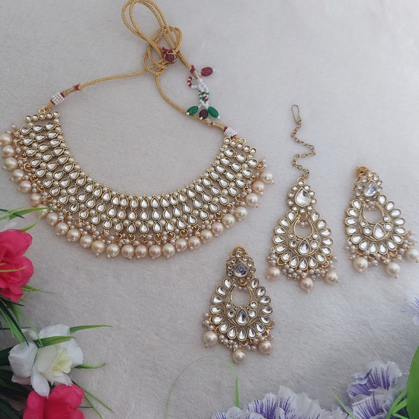 Traditional Kundan Gold Finish Necklace Set in LCT Champagne Color / Indian Jewelry / Indian Jewellery / Party Wear / Bollywood /Bridal Wear