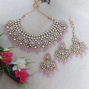 Traditional Kundan Gold Finish Necklace Set in Light Purple Color / Indian Jewelry / Earrings / Party Wear / Bridal Wear / Tikka / Bollywood