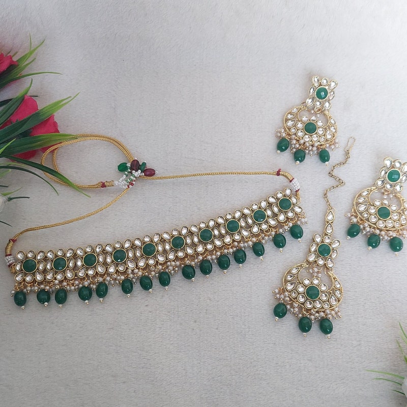 Emerald Elegance Green Enamelled Kundan Beads Necklace Set with Earrings main image 1