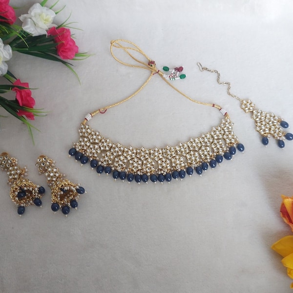 Montana(Dark Blue) Kundan Choker Necklace Set in Gold Finish / Indian Jewelry / Earrings / Party Wear / Maang Tikka / Wedding / Dark Blue /