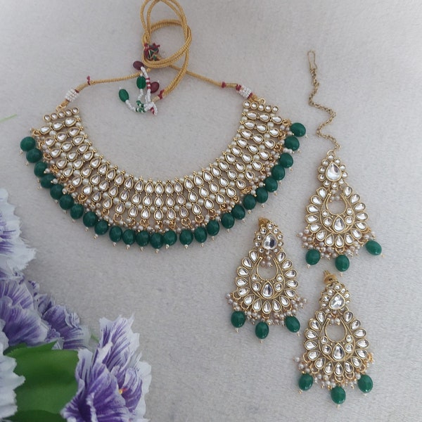 Emerald Green (Dark Green) Kundan Necklace Set in Gold Finish / Green Jewelry Set/ Indian Jewelry / Earrings / Party Wear / Bridal Wear/