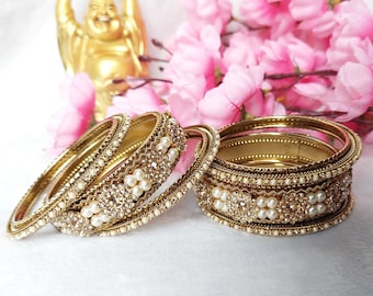 Traditional Chura/Chuda/Choora Bangles in Gold Finish and LCT/Champagne Color with Pearls/Indian Jewelry/ Bracelet/ Indian Bangles /
