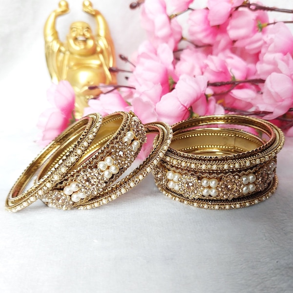 Traditional Chura/Chuda/Choora Bangles in Gold Finish and LCT/Champagne Color with Pearls/Indian Jewelry/ Bracelet/ Indian Bangles /