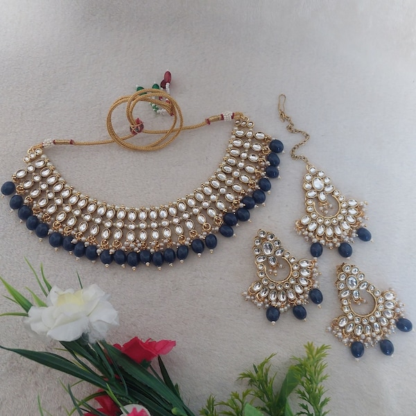 Traditional Kundan Gold Finish Necklace Set in Montana (Dark Blue)  Color / Indian Jewelry / Earrings / Party Wear / Bridal Wear / Tikka
