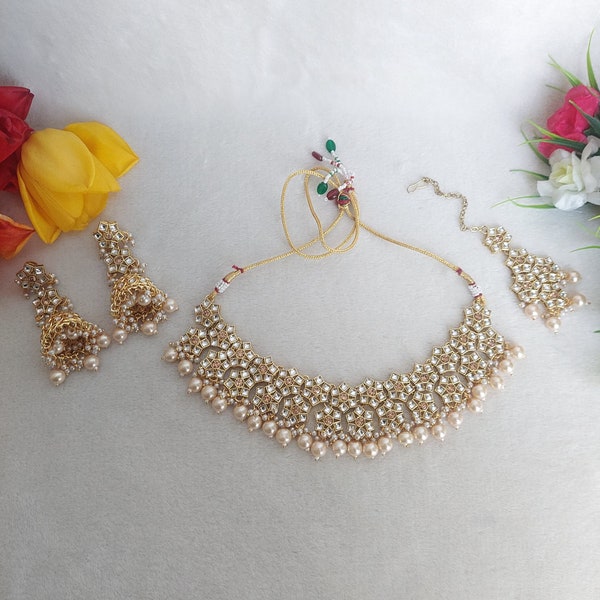 Kundan Choker Necklace Set in LCT Champagne Color and Gold Finish  / Indian Jewelry / Kundan Earrings / Party Wear / Bollywood / Bridal /