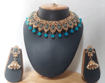 Antique / Traditional Gold plated Necklace Set in Firoza/Turquoise Color / Indian Jewelry / Party Wear / Wedding / Maang Tikka / Bridal Wear