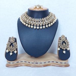 Traditional Reverse AD  Necklace Set in LCT/Champagne Color and Mehendi Finish/Indian Jewelry /Party Wear / Wedding / Earrings / Maang Tikka