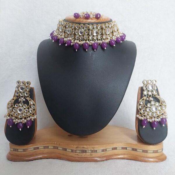 Kundan Choker Necklace Set in Deep Purple and Gold Finish  / Indian Jewelry / Kundan Earrings / Party Wear / Bollywood / Bridal /Deep Purple