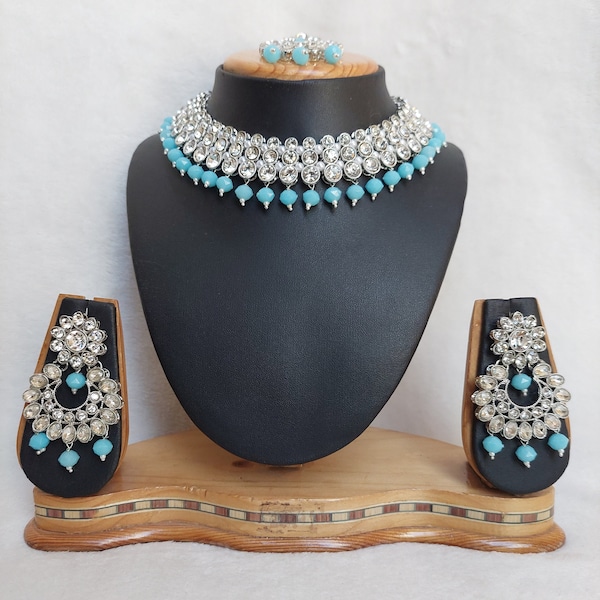 Traditional Reverse AD  Necklace Set in Rhodium Finish and Surf Blue Color / Indian Jewelry / Indian Jewellery / Maang Tikka / Earrings