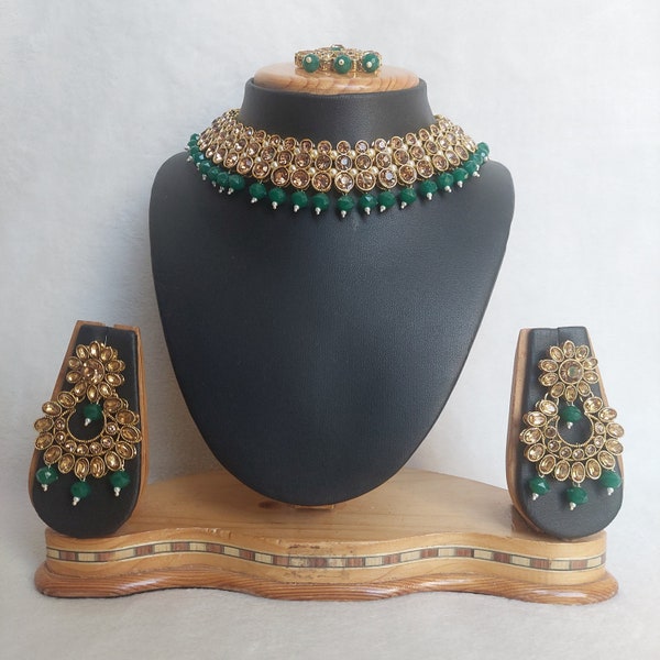 Traditional Reverse AD  Necklace Set in Dark Green Color and Mehendi Finish/ Indian Jewelry / Party Wear / Wedding / Earrings / Maang Tikka
