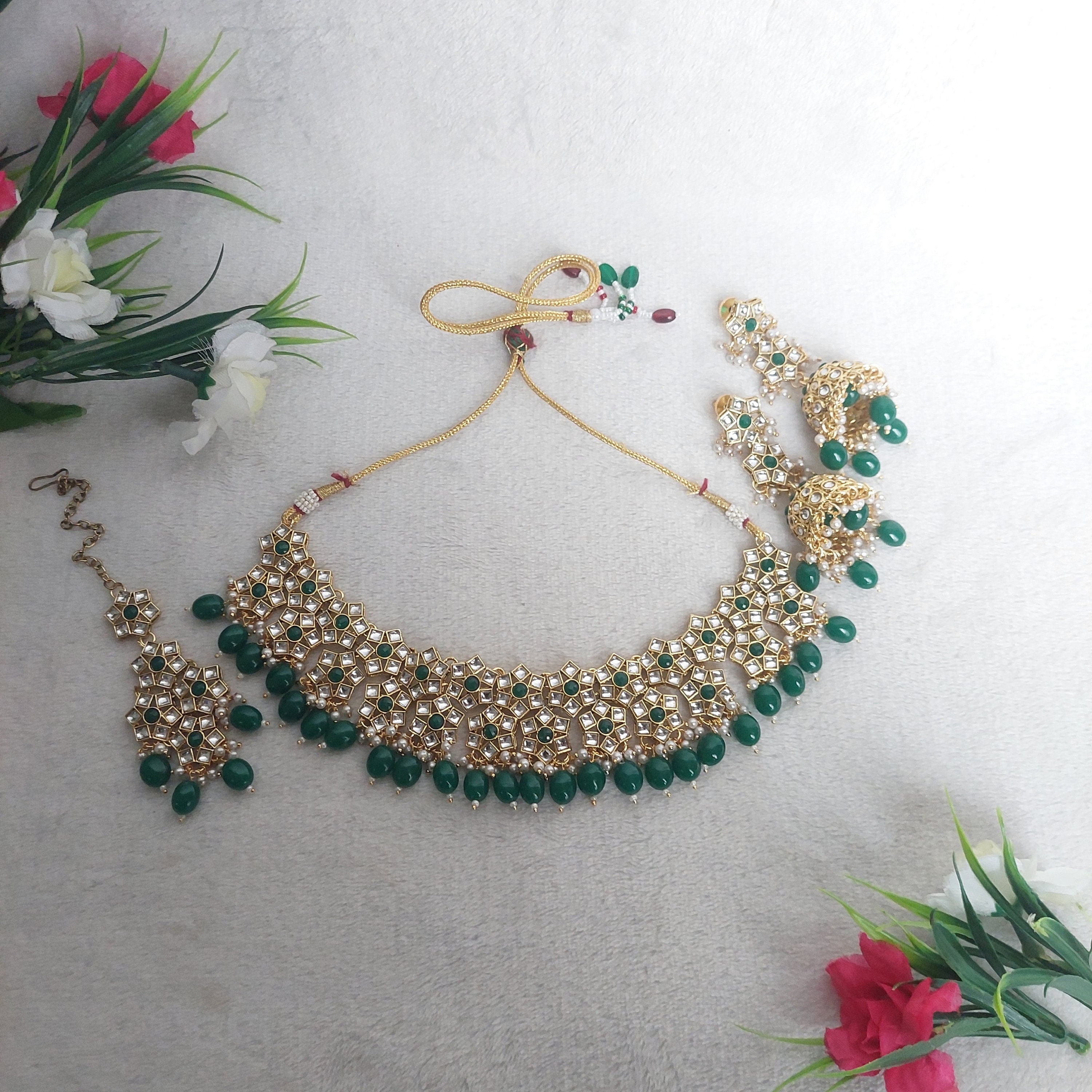 Kundan Choker Necklace Set in Dark Green emerald Green and Etsy