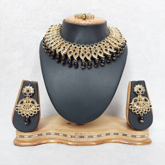 Antique Traditional Gold Plated Necklace Set in Black Color