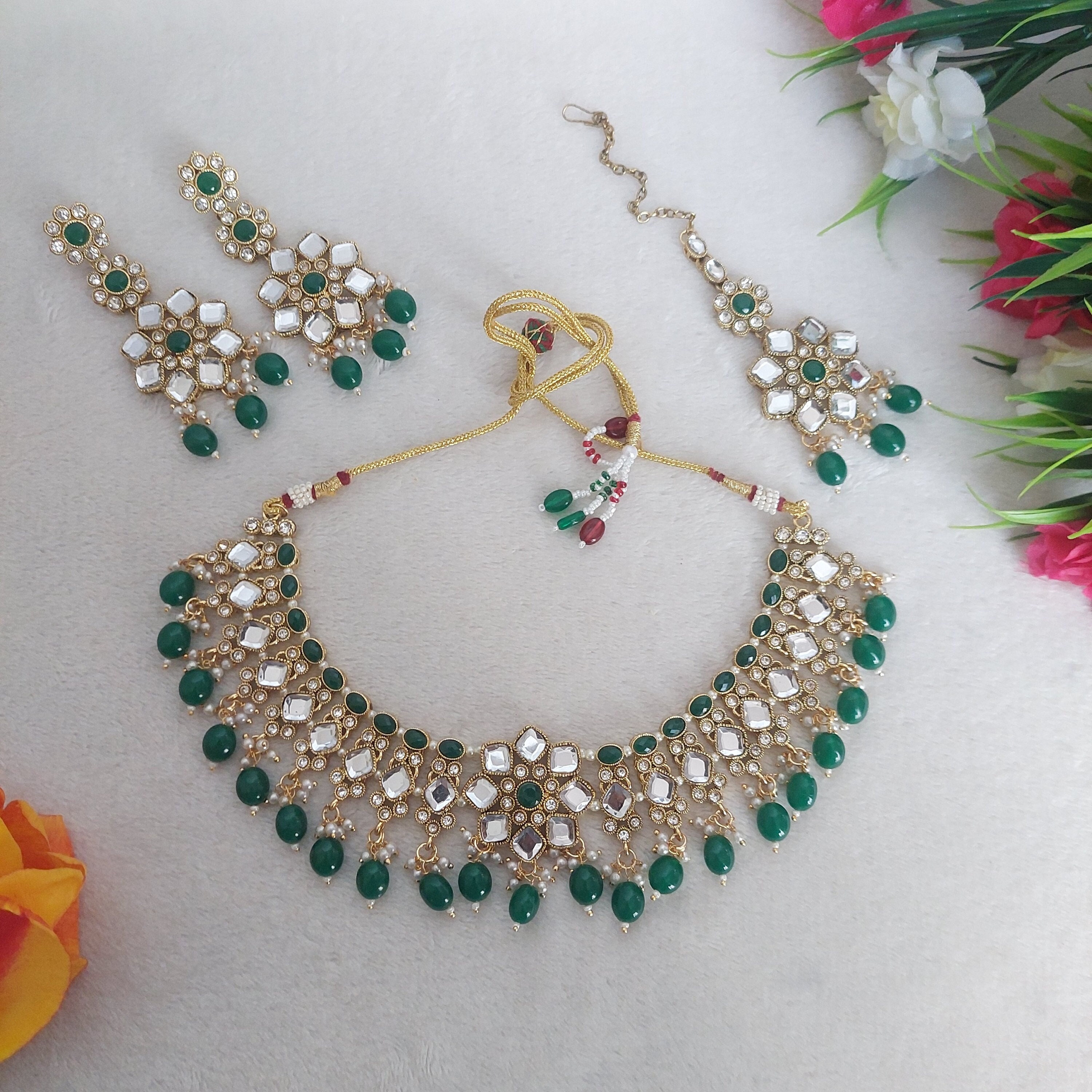Kundan necklace chick set with Matching earrings with Light Green Colour  tumble beads