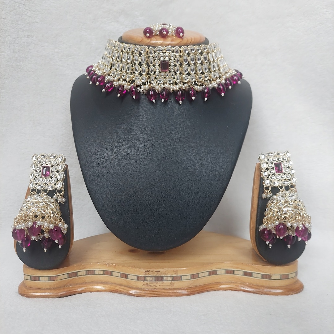 Beige - Kundan Work Choker Necklace Set 34