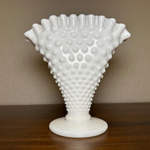 Vintage White Fenton Glass Hobnail Fan Vase, Milk Glass, Ruffled Edges, Collectible Art Glass
