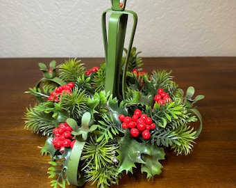 MCM Christmas Holly Berry 5 Candle Holder, Vintage Plastic Holly Holiday Center Piece