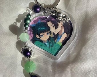 Apothecary Diaries Keychain:  Maomao and jinshi, Shoujo Drama Anime Heart Pendant, Beaded Accessories