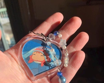 Ponyo keychain with heart pendant, studio ghibli, beaded keychain