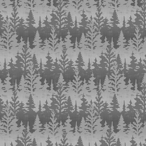 May include: A fabric pattern featuring a repeating silhouette of evergreen trees in shades of dark gray and light gray. The design displays a dense forest landscape with varying tree heights and shapes, creating a layered effect across the surface.