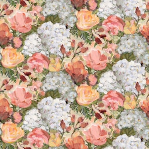 May include: A floral pattern featuring a variety of flowers in shades of peach, orange, and white. The design includes roses, hydrangeas, and other blossoms, with green foliage on a cream background.