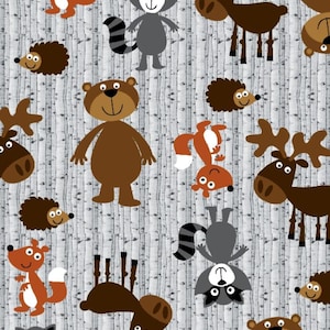 May include: A repeating pattern of cartoon woodland animals, including bears, foxes, raccoons, hedgehogs, and moose, on a light gray background with a birch tree design. The animals are in shades of brown, orange, and gray.