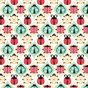 May include: A repeating pattern of colorful ladybugs and flower designs. The ladybugs are red, pink, and blue, with black antennae. The flowers are yellow and white. The background is a mix of white, light green, and beige.