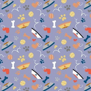May include: A repeating pattern on a lavender background featuring dog-themed elements. The design includes dog bowls, bones, paw prints, tennis balls, and hearts in various colors like orange, yellow, gray, and blue. White squiggly lines add a playful touch.