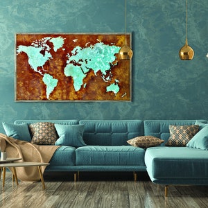 Carte du monde rustique, décoration vintage, art mural rouillé, grandes peintures, carte du monde du monde, peintures rouillées, décoration d'intérieur, fait main, art sur métal