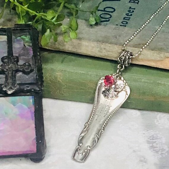 Vintage Silver Flatware Spoon Angel Swarovski Crystal Pendant Necklace