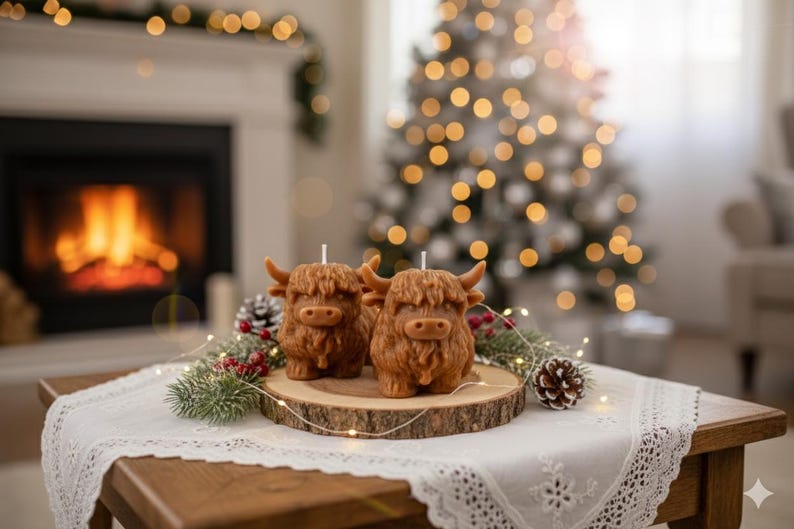 May include: Two brown Highland cow candles with white wicks sit on a wooden slice, decorated with pinecones and greenery. The candles are on a table with a white lace tablecloth, in front of a fireplace and Christmas tree.