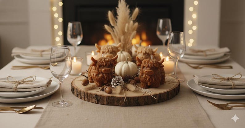 May include: A beautifully set dining table with white plates, gold cutlery, and wine glasses. The centerpiece features Highland cow candles, a white pumpkin, and decorative elements on a wooden slice, creating a cozy, autumnal atmosphere.