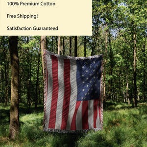 United States Flag Woven Throw Blanket Gift for Veteran American Woven Throw Blanket with Fringe Cotton U.S. Flag Throw Blanket