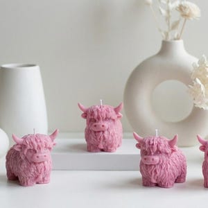 Highland Cow Candles Set of 2 Hand-Poured Soy-Beeswax Blend Scottish Cow Gift Eco-Friendly Free US Shipping Pink