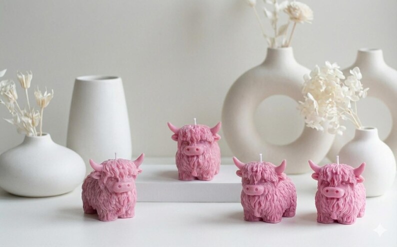 Highland Cow Candles Set of 2 Hand-Poured Soy-Beeswax Blend Scottish Cow Gift Eco-Friendly Free US Shipping Pink