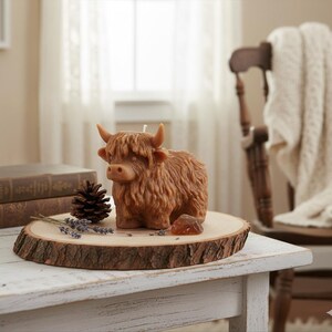 May include: A brown Highland cow-shaped candle with a textured, shaggy coat, standing on a wooden slice. A pine cone, lavender sprigs, and a small amber-colored stone are also on the wooden slice. The candle is on a white table.