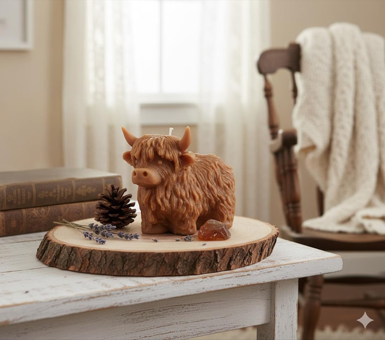 May include: A brown Highland cow-shaped candle with a textured, shaggy coat, standing on a wooden slice. A pine cone, lavender sprigs, and a small amber-colored stone are also on the wooden slice. The candle is on a white table.