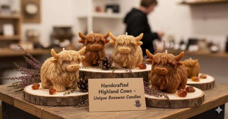 May include: Handcrafted Highland cow beeswax candles in various shades of brown and tan. The candles are shaped like Highland cows and are displayed on wooden slices. The sign reads "Handcrafted Highland Cows - Unique Beeswax Candles."
