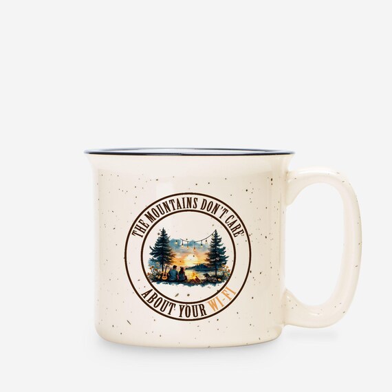 Snarky Camping Mug 13oz Ceramic Campfire Cup Speckled Beige with Black Rim  Funny Two-Sided Design Rustic Outdoors Coffee Mug