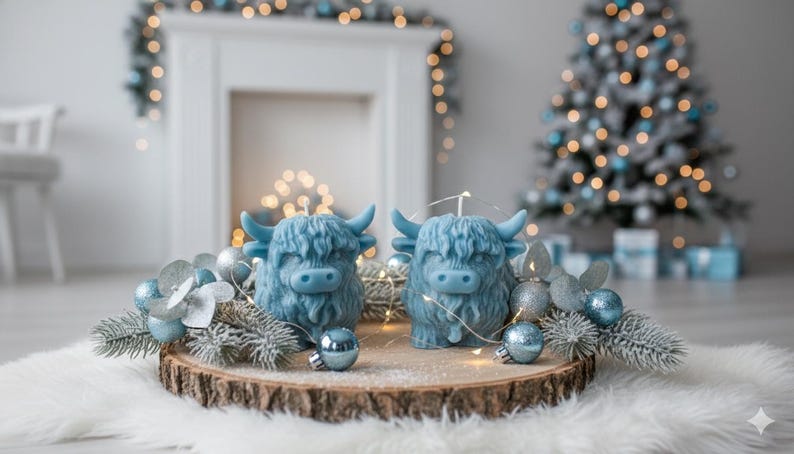 Highland Cow Candles Set of 2 Hand-Poured Soy-Beeswax Blend Scottish Cow Gift Eco-Friendly Free US Shipping Blue