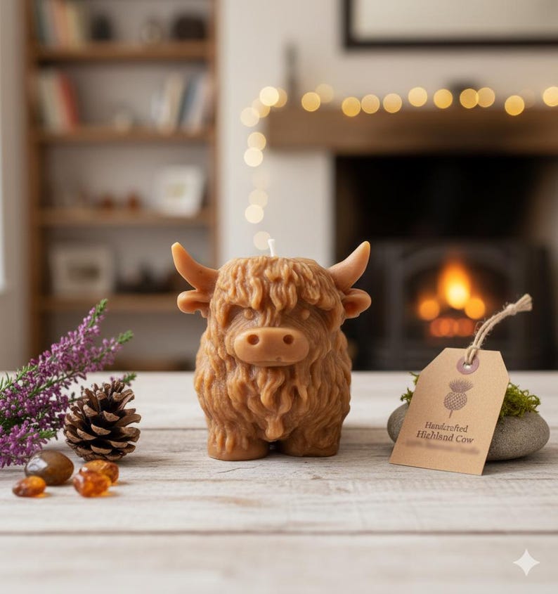 May include: A brown candle shaped like a Highland cow, with a wick on top. The candle has detailed fur and horns. A tag reads "Handcrafted Highland Cow". The candle sits on a wooden surface with a blurred background.