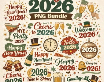 Happy New Year 2026 PNG Clipart Bundle | Retro Typography (Digital Download)