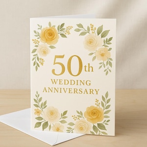 Tarjeta imprimible para el 50.º aniversario de bodas de oro / Diseño floral elegante / Descarga instantánea / Regalo de aniversario de bodas de oro