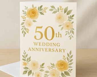 Golden 50th Anniversary Card: Elegant Floral Jubilee (PDF Printable 5x7in