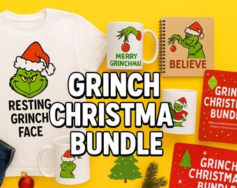 Grinch Face Christmas PNG Clipart Bundle | 10 High-Res Designs | Holiday Sublimation Digital Download