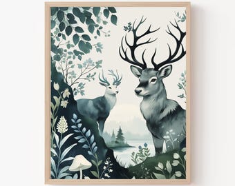 Hirsch Wand Kunst zum selbst ausdrucken: Ruhiger See Aquarell (Digitaler Download)